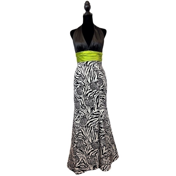 DJ-Jaz Halter Formal Black/White/Lime Rose Mermaid Dress Size-4 NWT - Picture 1 of 10
